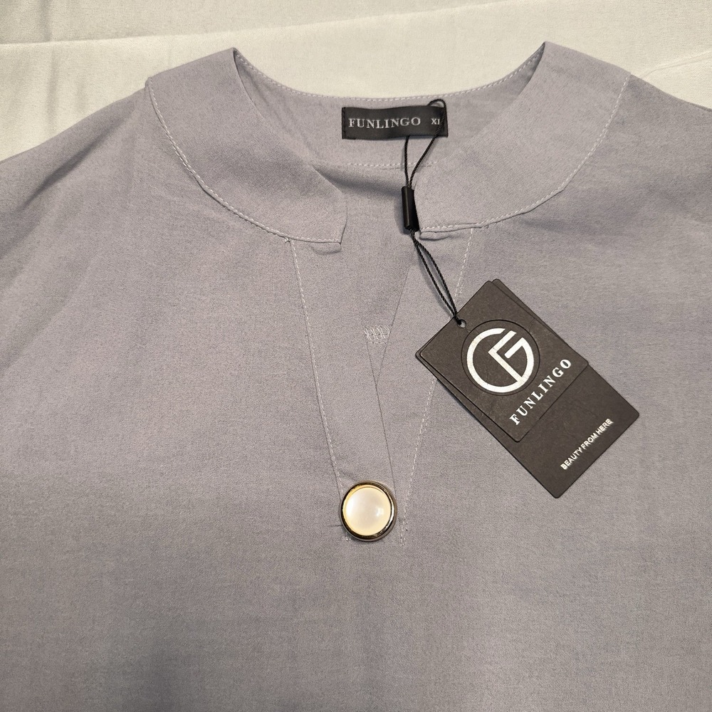 NWT Funlingo XL Grey Chiffon Tunic Blouse Stiff Split Neckline Petal Sleeve